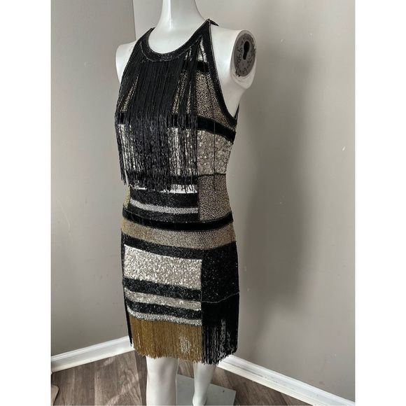 NWT NAEEM KHAN BEADED FRINGE MINI DRESS IN GOLD MULTI $5995 - Picture 5 of 11